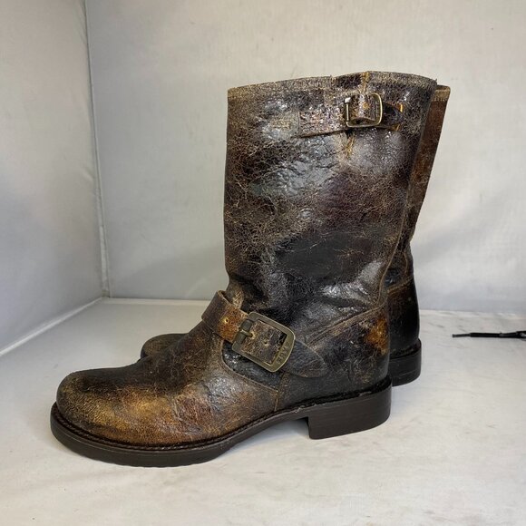 Frye Veronica Engineer Brown Distressed Leather Buckle Short Slouch Boot 7 - Picture 1 of 6